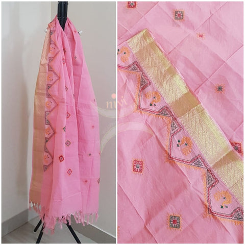 Pink south kota cotton dupatta with machine kasuti embroidery