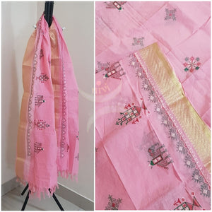 Pink south kota cotton dupatta with machine kasuti embroidery