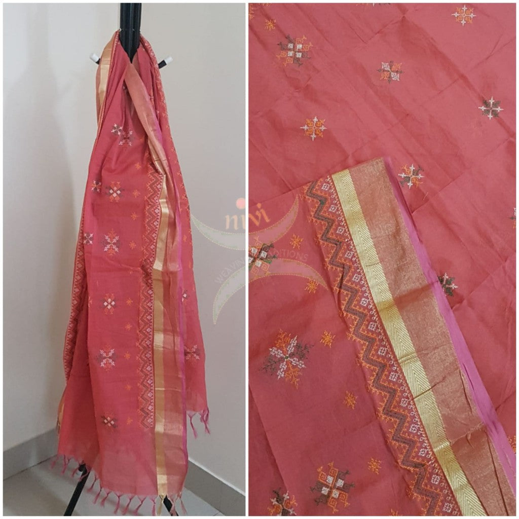 Pink south kota cotton dupatta with machine kasuti embroidery