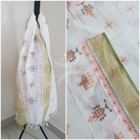 White south kota cotton dupatta with machine kasuti embroidery