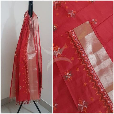 Red south kota cotton dupatta with machine kasuti embroidery
