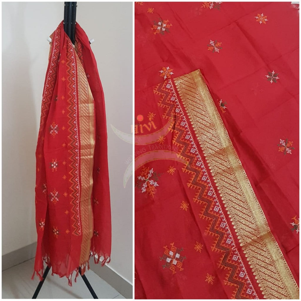 Red south kota cotton dupatta with machine kasuti embroidery