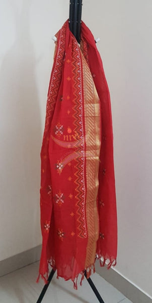 Red south kota cotton dupatta with machine kasuti embroidery