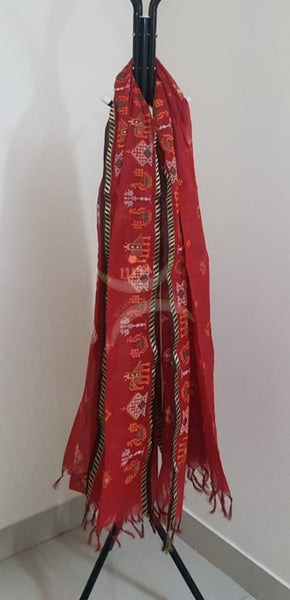 Red south kota cotton dupatta with machine kasuti embroidery