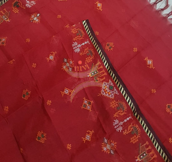 Red south kota cotton dupatta with machine kasuti embroidery