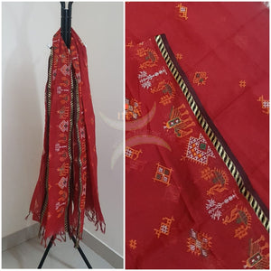 Red south kota cotton dupatta with machine kasuti embroidery