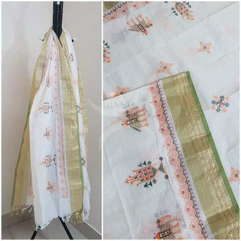 White south kota cotton dupatta with machine kasuti embroidery