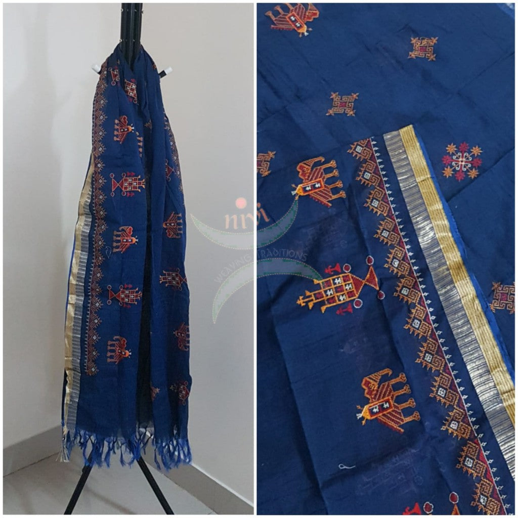 Blue south kota cotton dupatta with machine kasuti embroidery