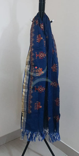 Blue south kota cotton dupatta with machine kasuti embroidery
