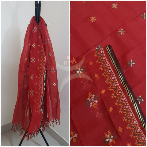 Red south kota cotton dupatta with machine kasuti embroidery