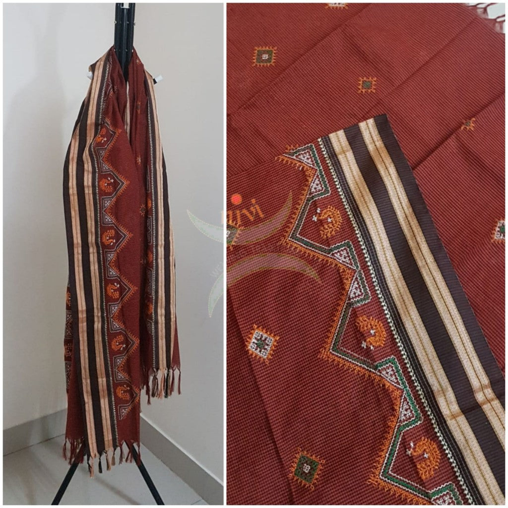 Brown south kota cotton dupatta with machine kasuti embroidery