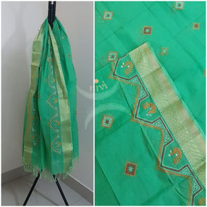 Green south kota cotton dupatta with machine kasuti embroidery