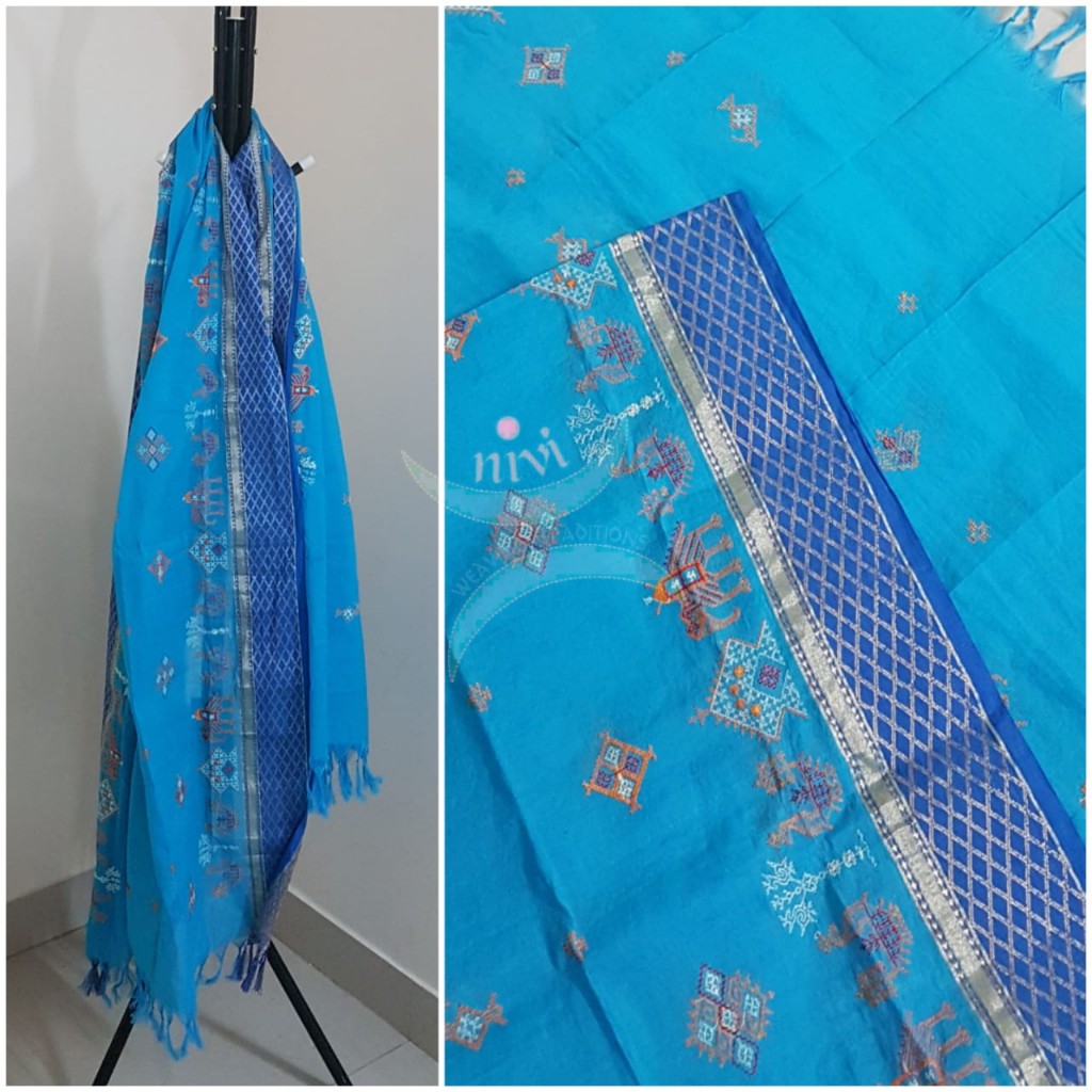 Blue south kota cotton dupatta with machine kasuti embroidery