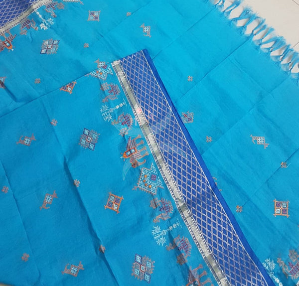 Blue south kota cotton dupatta with machine kasuti embroidery