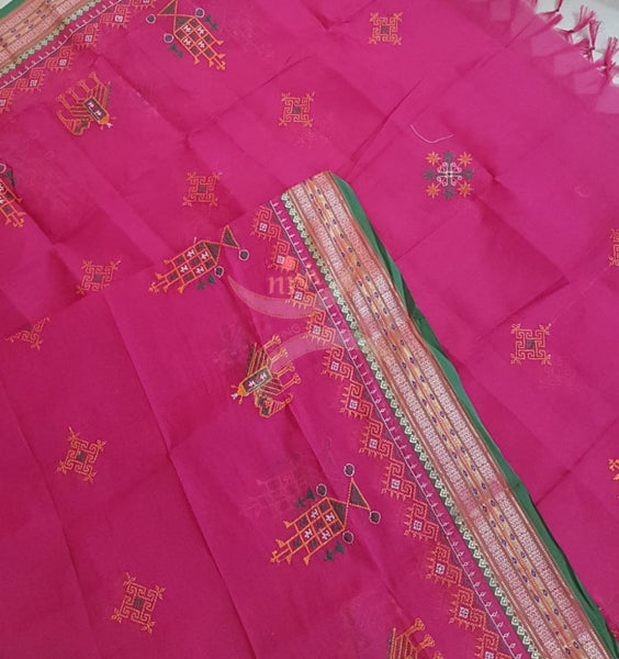 Pink south kota cotton dupatta with machine kasuti embroidery