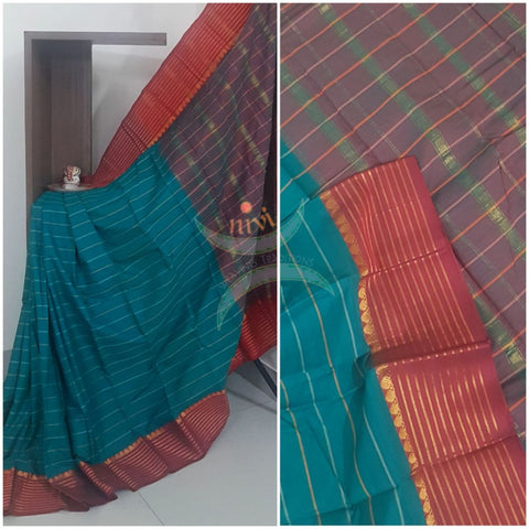 Teal mercerised South cotton with contrasting red woven traditional border