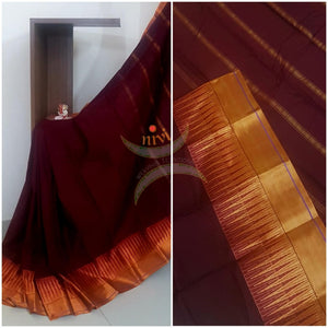 Maroon mercerised South cotton with contrasting mustard woven temple border