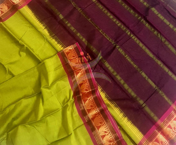Green mercerised South cotton with contrasting mejanta woven traditional elephant  border
