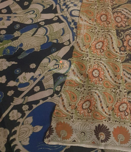 Cotton handloom kalamkari Saree with floral  motifs on body and border,  and human figure motif on pallu. Saree comes with kalamkari printed blouse piece.