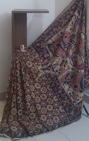 Maroon Cotton handloom kalamkari Saree with contrasting  blouse piece.