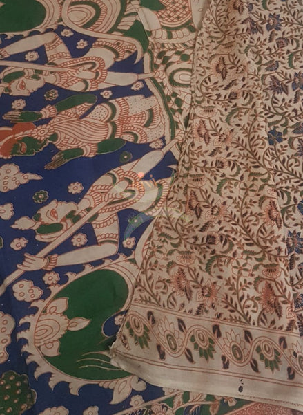 Beige Cotton handloom kalamkari Saree with floral  motifs on body and border, and human figure motif on pallu. Saree comes with kalamkari printed blouse piece.