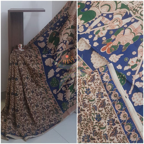 Beige Cotton handloom kalamkari Saree with floral  motifs on body and border, and human figure motif on pallu. Saree comes with kalamkari printed blouse piece.