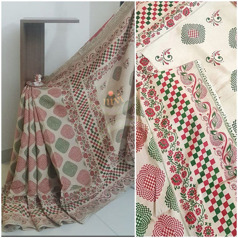 Off white handloom chennur silk kalamkari saree with contrasting blouse piece.