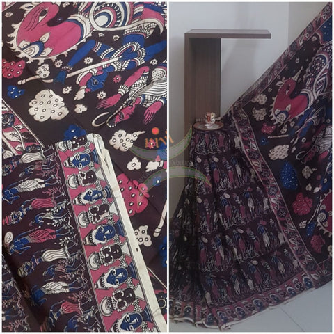 Brown handloom chennur silk kalamkari Saree with human figure motifs on body, border and  pallu. Saree comes with kalamkari printed blouse piece.