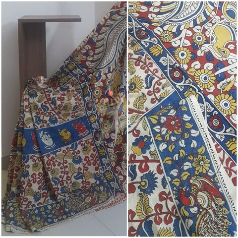 Off white handloom chennur silk kalamkari saree with contrasting blouse piece.