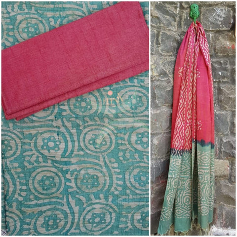Sea green pink combination handloom muga silk batik 3 piece suit set
