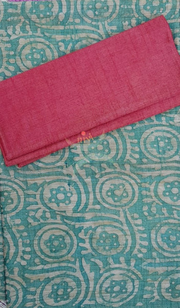 Sea green pink combination handloom muga silk batik 3 piece suit set
