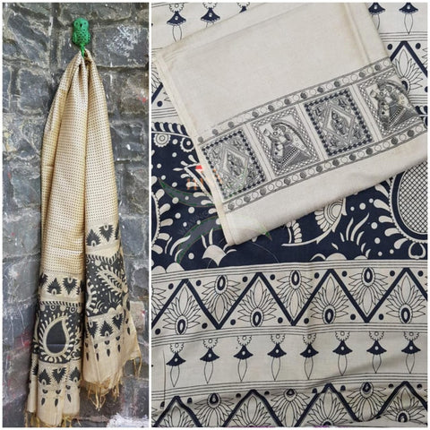 Beige black handloom muga silk 3 piece suit set