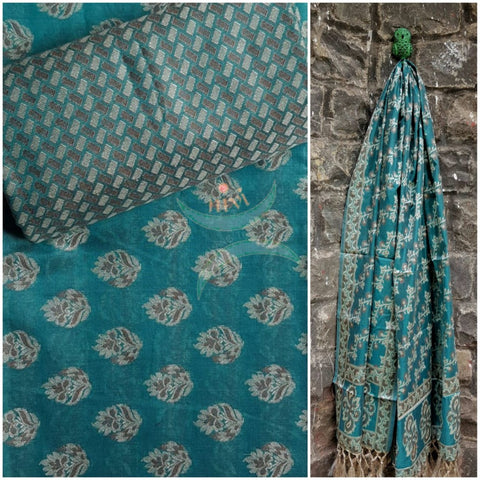 Sea green cotton benaras brocade traditionally woven three piece suit.