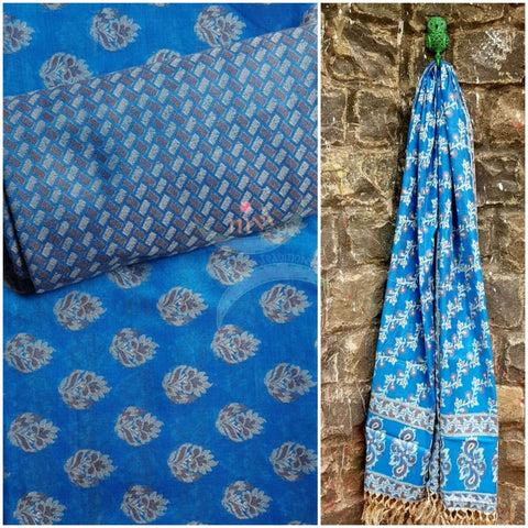 Blue cotton benaras brocade traditionally woven three piece suit.