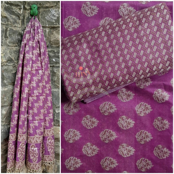 Purple cotton benaras brocade traditionally woven three piece suit.