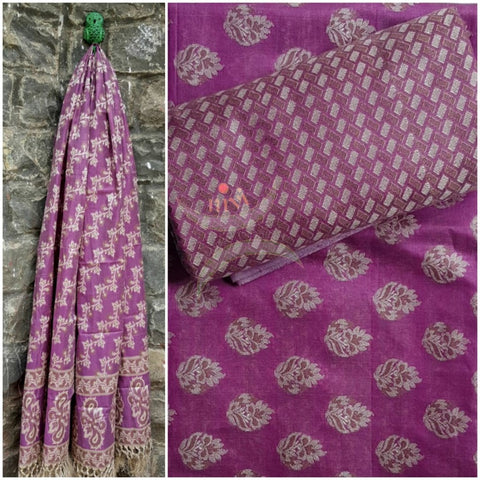Purple cotton benaras brocade traditionally woven three piece suit.