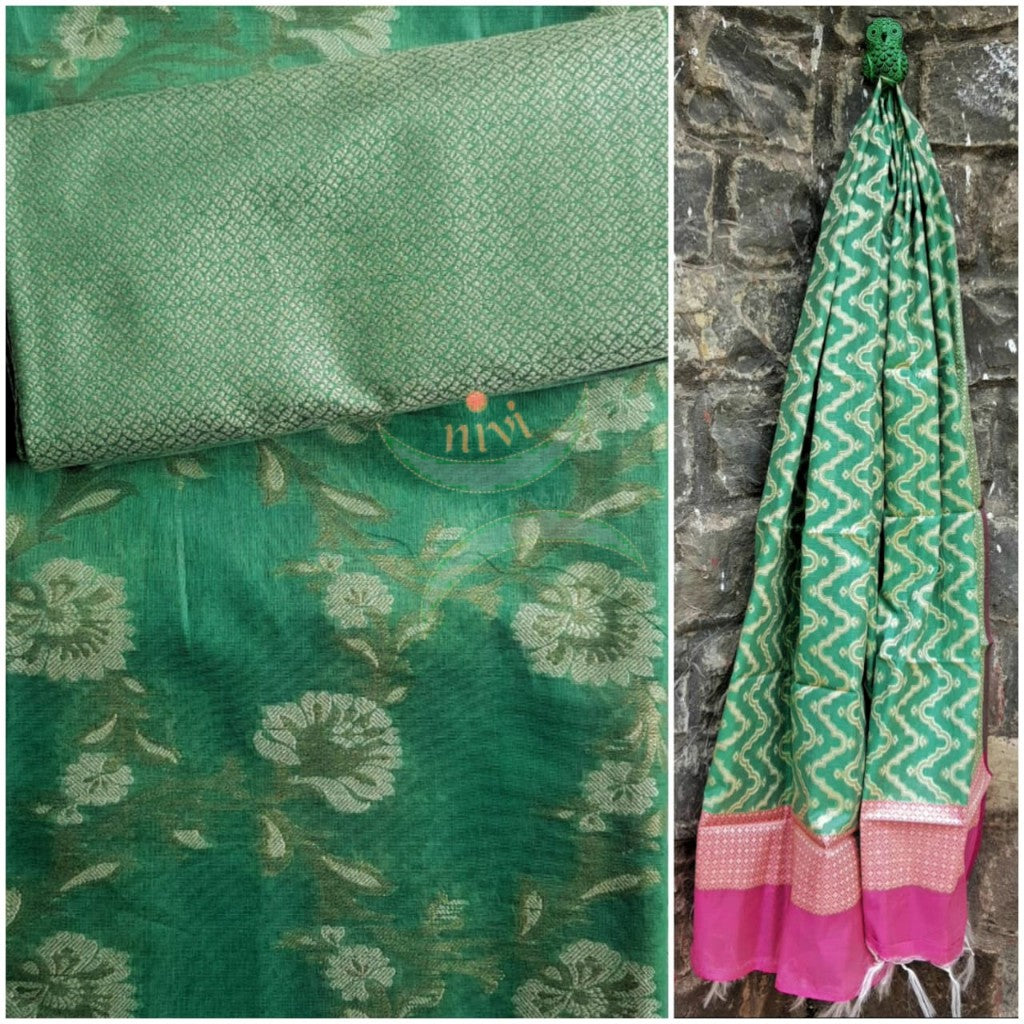 Sea green cotton benaras brocade traditionally woven three piece suit.