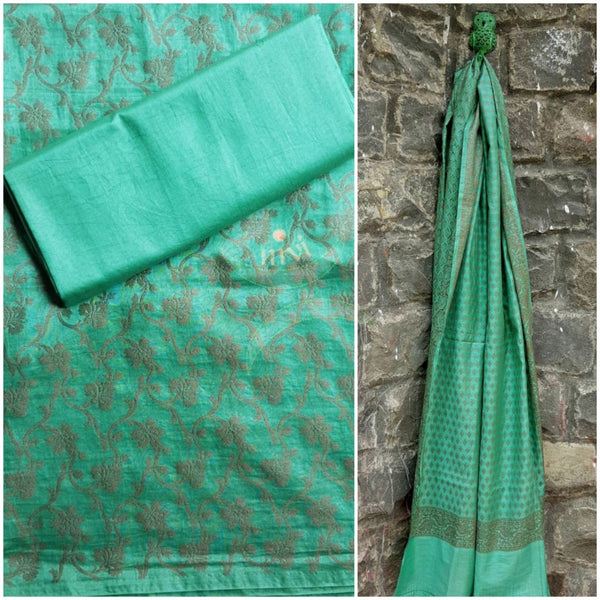Sea green Soft Muslin silk benaras brocade three piece suit.