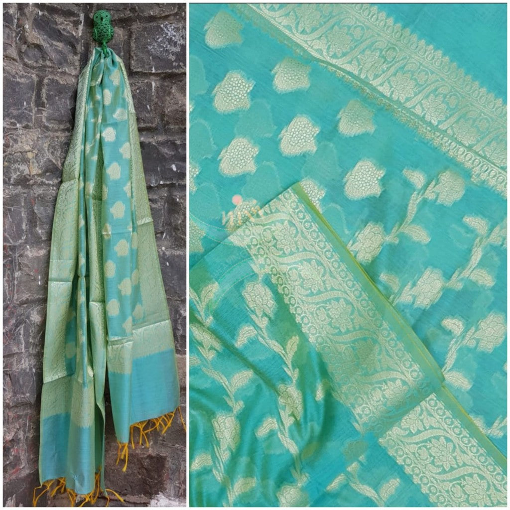 Blue chanderi benaras  brocade duppata with all over jacquard weaving.