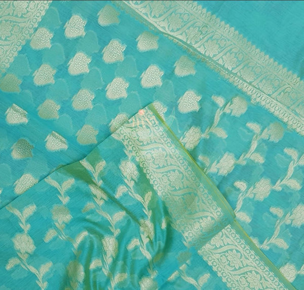 Blue chanderi benaras  brocade duppata with all over jacquard weaving.