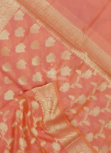 Peach chanderi benaras  brocade duppata with all over jacquard weaving.