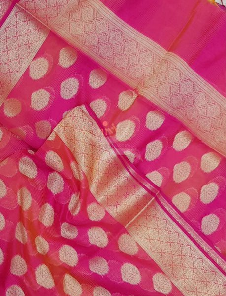 Pink chanderi benaras  brocade duppata with all over jacquard weaving.