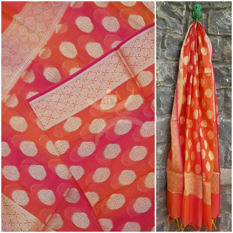 Orange pink chanderi benaras  brocade duppata with all over jacquard weaving.