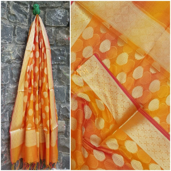 Yellow chanderi benaras  brocade duppata with all over jacquard weaving.