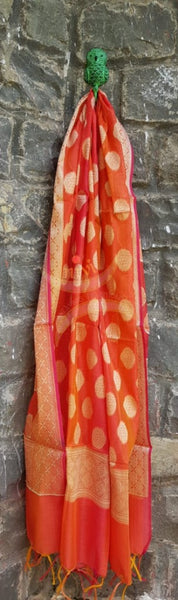 Orange pink chanderi benaras  brocade duppata with all over jacquard weaving.