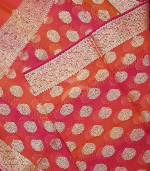 Orange pink chanderi benaras  brocade duppata with all over jacquard weaving.