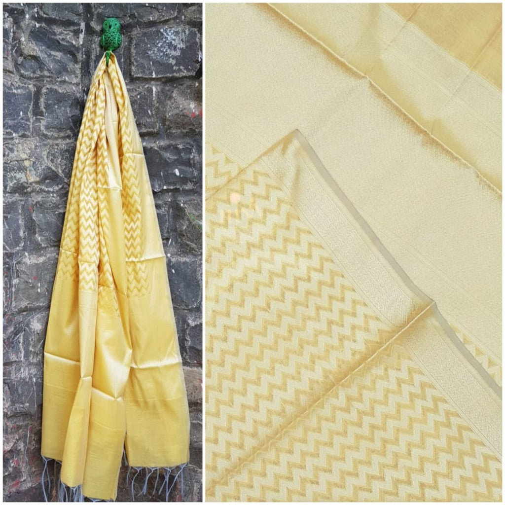 Yellow chanderi benaras  brocade duppata with all over jacquard weaving.