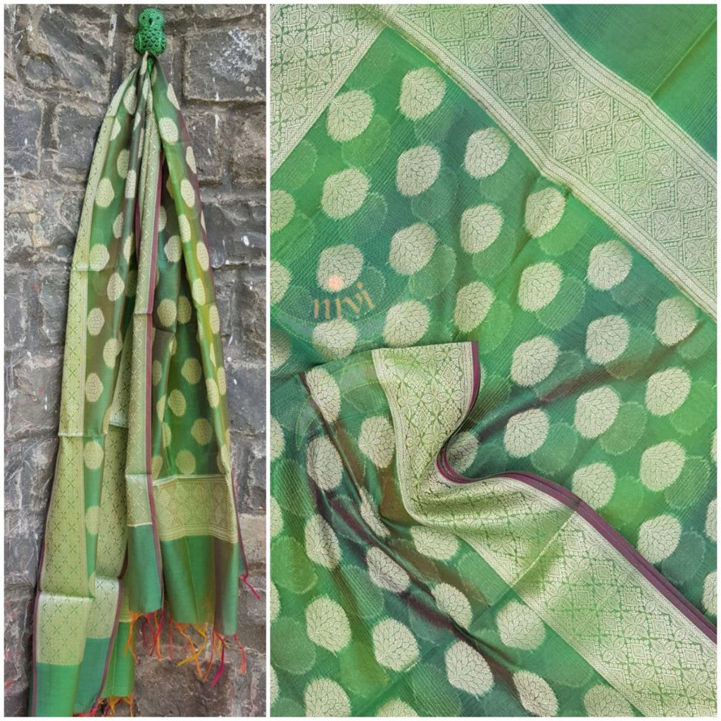 Green chanderi benaras  brocade duppata with all over jacquard weaving.
