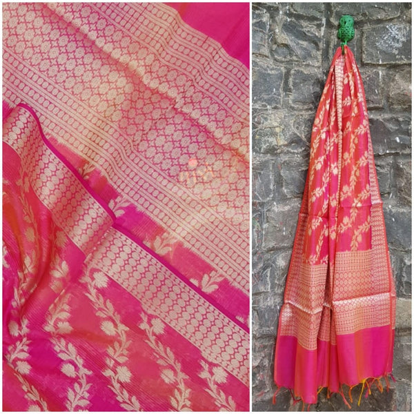 Pinkish red chanderi benaras  brocade duppata with all over jacquard weaving.