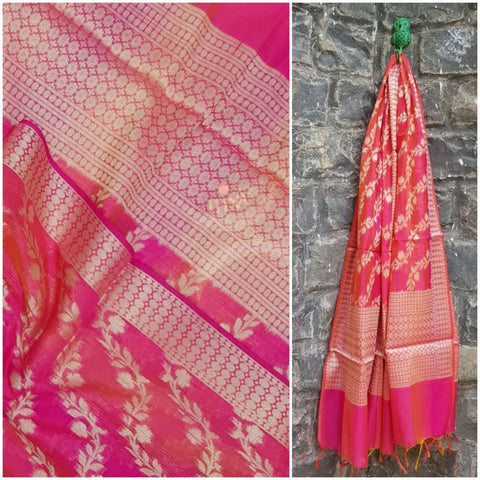 Pinkish red chanderi benaras  brocade duppata with all over jacquard weaving.
